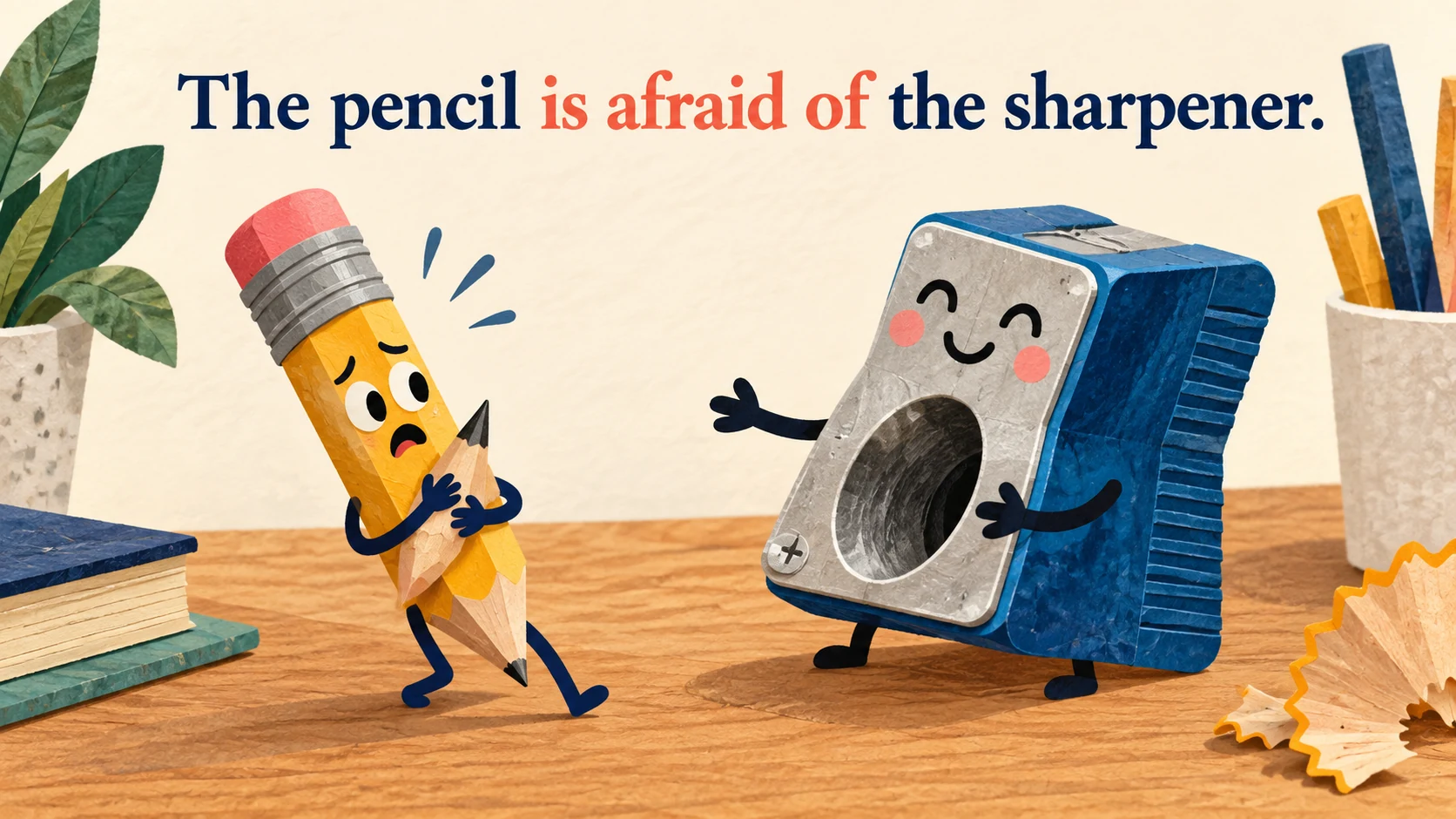 A nervous pencil backs away from a friendly sharpener beneath “The pencil is afraid of the sharpener.”