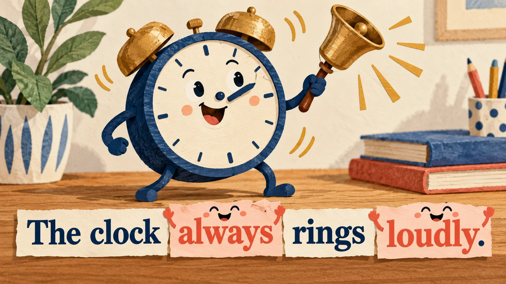 A clock rings a bell above word strips placing always before rings and loudly after it.