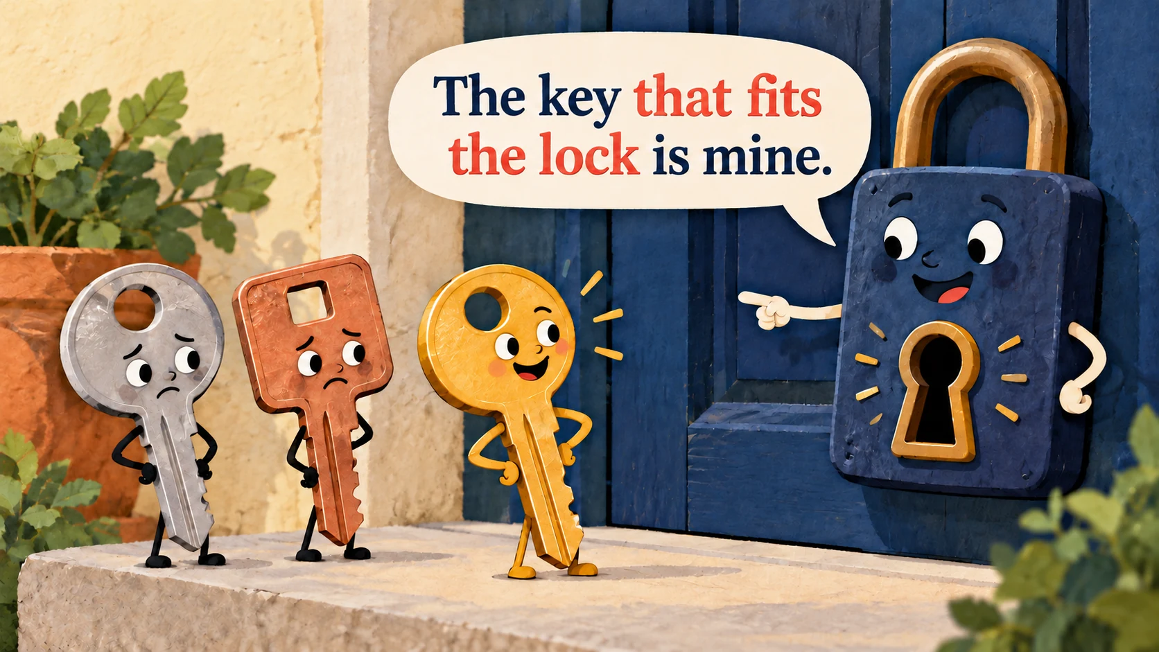 A lock points to one golden key among three beneath “The key that fits the lock is mine.”