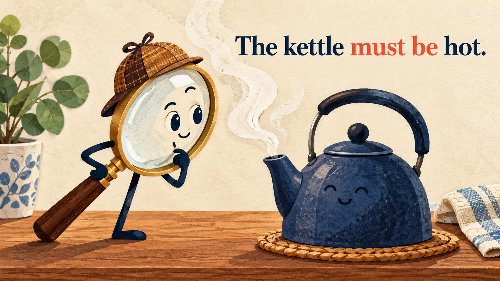 A detective magnifying glass looks at a steaming kettle beneath “The kettle must be hot.”
