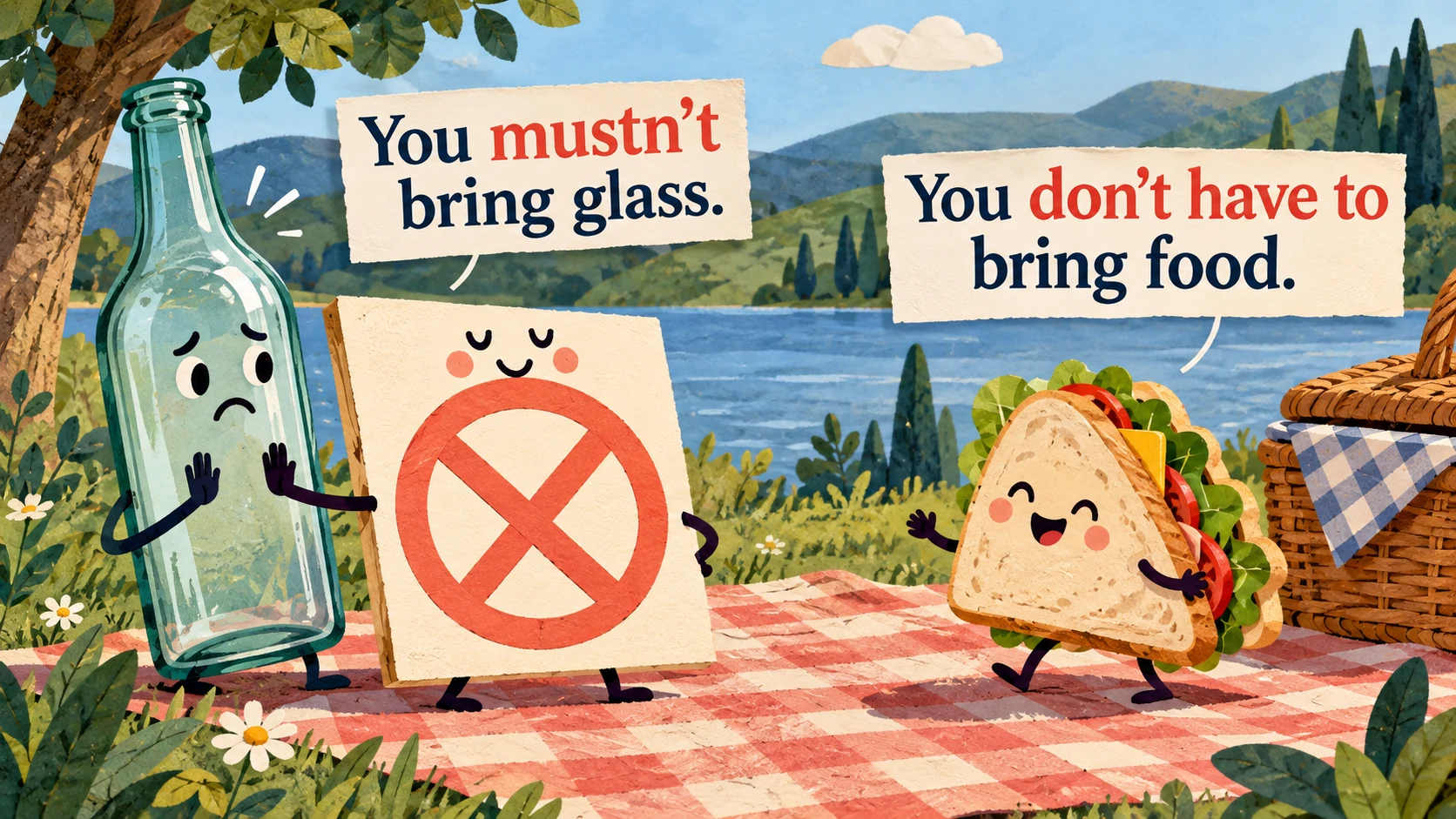 At a picnic, an animated rules card blocks a glass bottle under “You mustn’t bring glass.” while a sandwich says “You don’t have to bring food.”