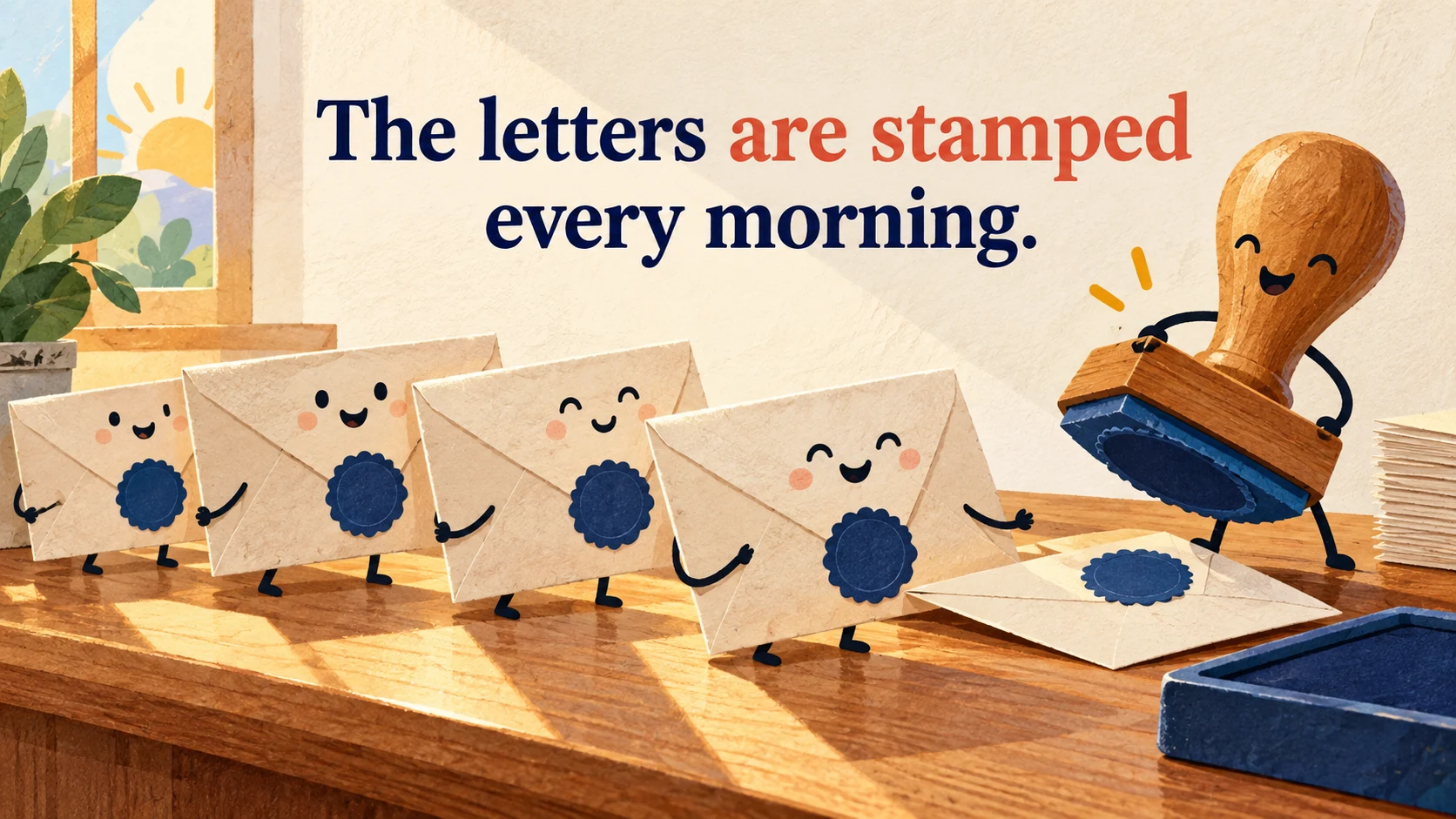 Letters receive navy seals from an animated stamp beneath “The letters are stamped every morning.”