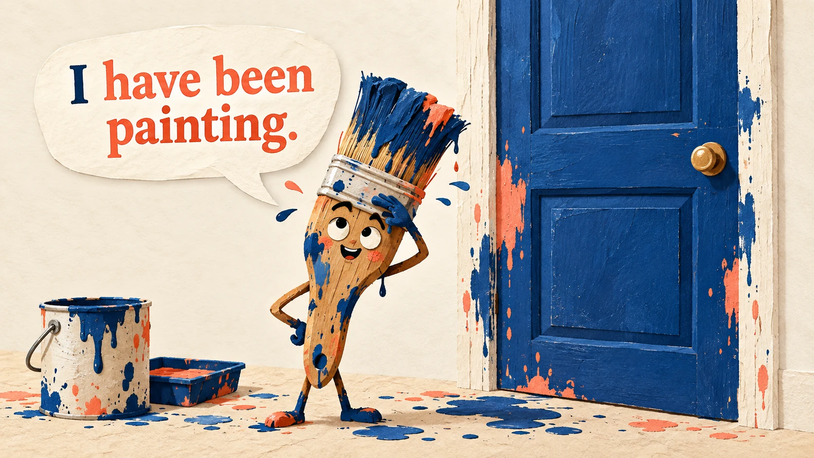 A paint-splattered brush stands beside a freshly painted door saying “I have been painting.”