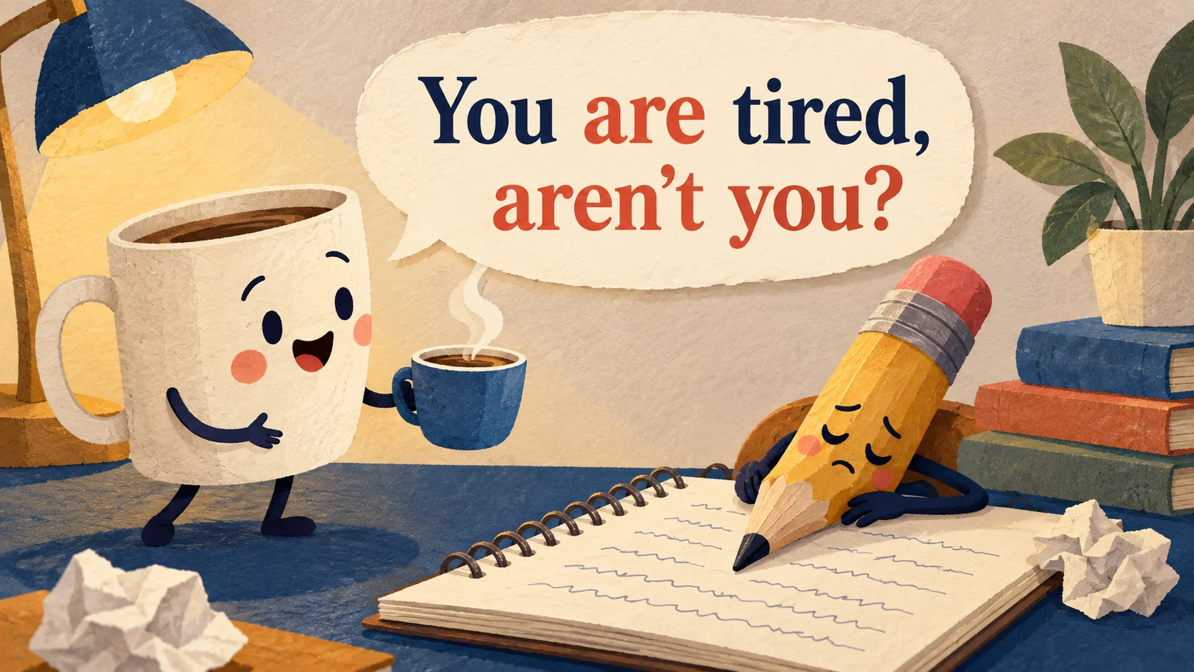 A coffee mug offers a drink to a tired pencil and asks “You are tired, aren’t you?”