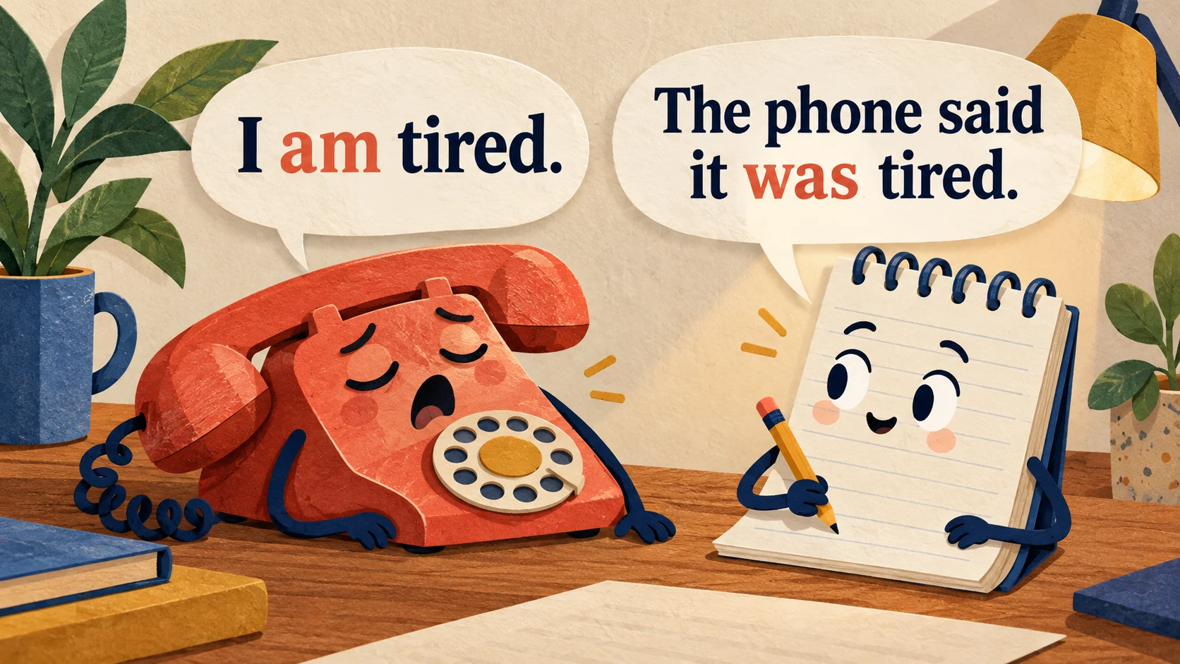 A tired telephone says “I am tired.” while a notebook reports “The phone said it was tired.”