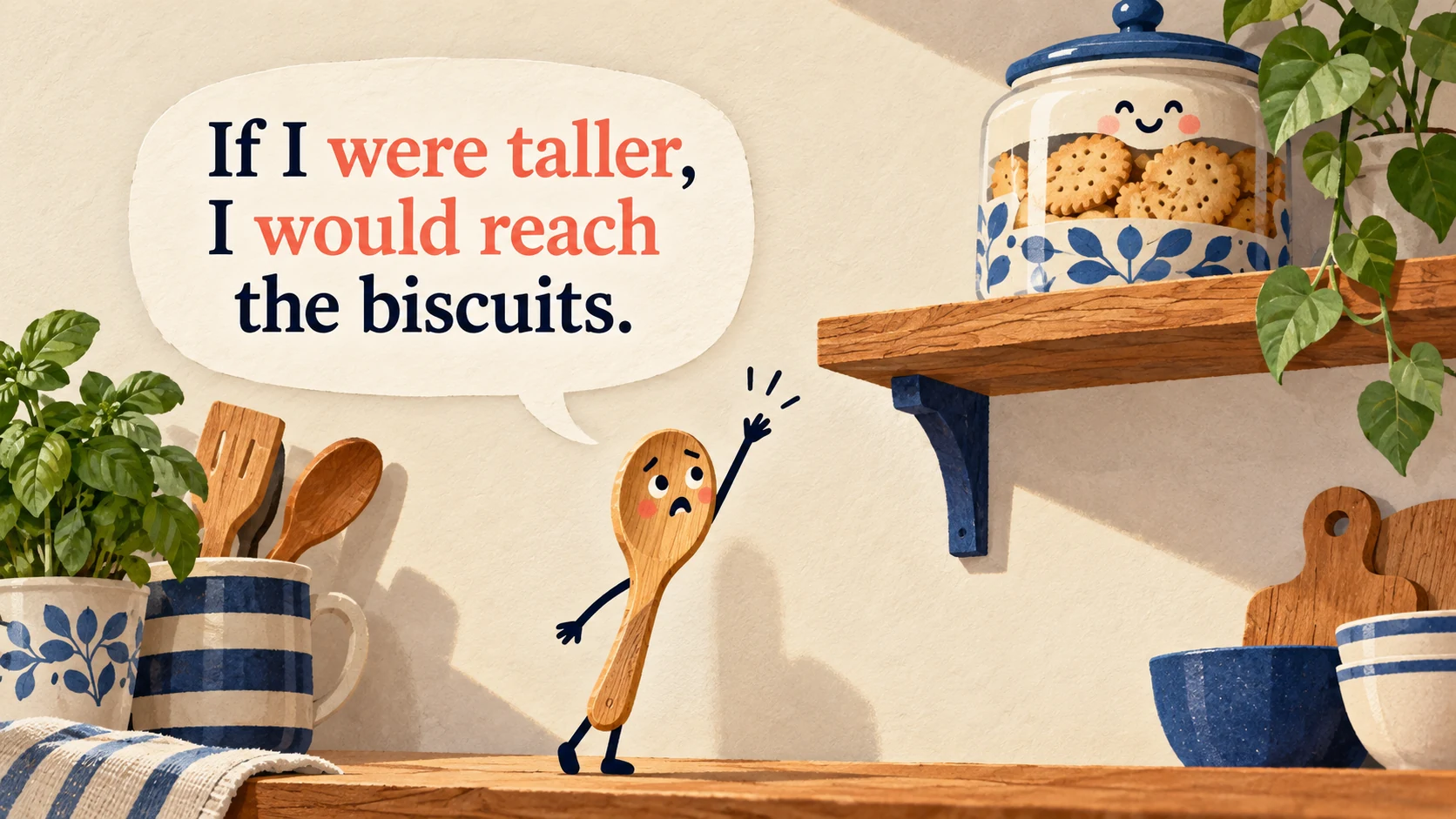 A small spoon cannot reach a high biscuit jar and says “If I were taller, I would reach the biscuits.”