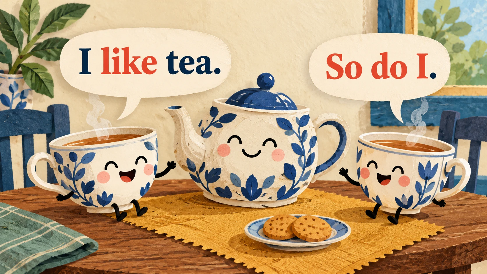 One teacup says “I like tea.” and a second agrees “So do I.” beside a shared teapot.
