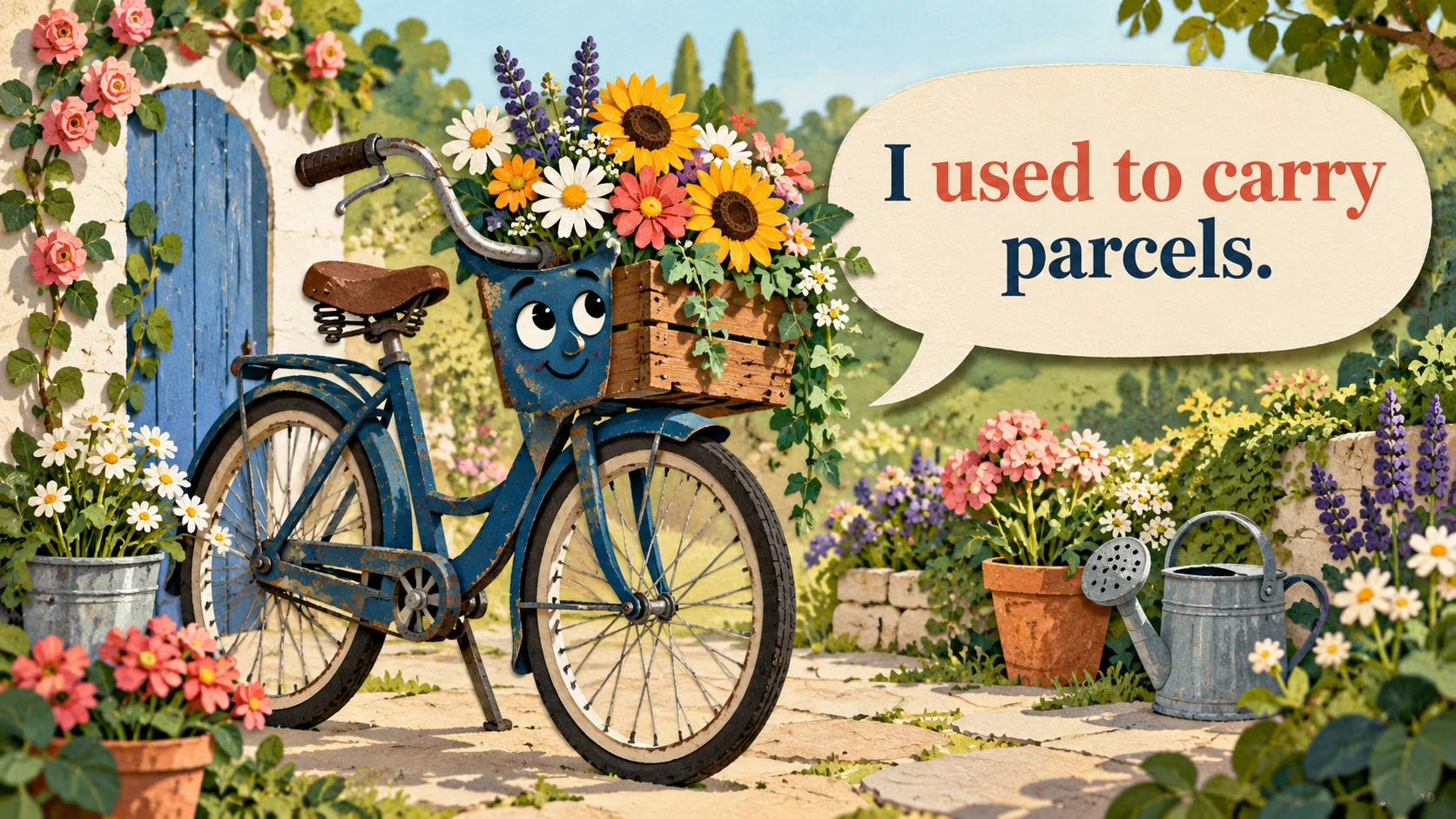 A retired delivery bicycle holds flowers in its basket and says “I used to carry parcels.”
