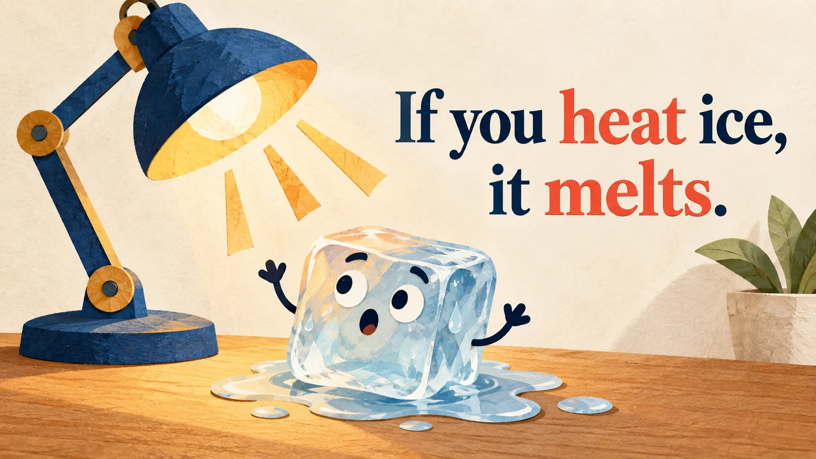 An animated ice cube melts under a warm lamp beneath “If you heat ice, it melts.”