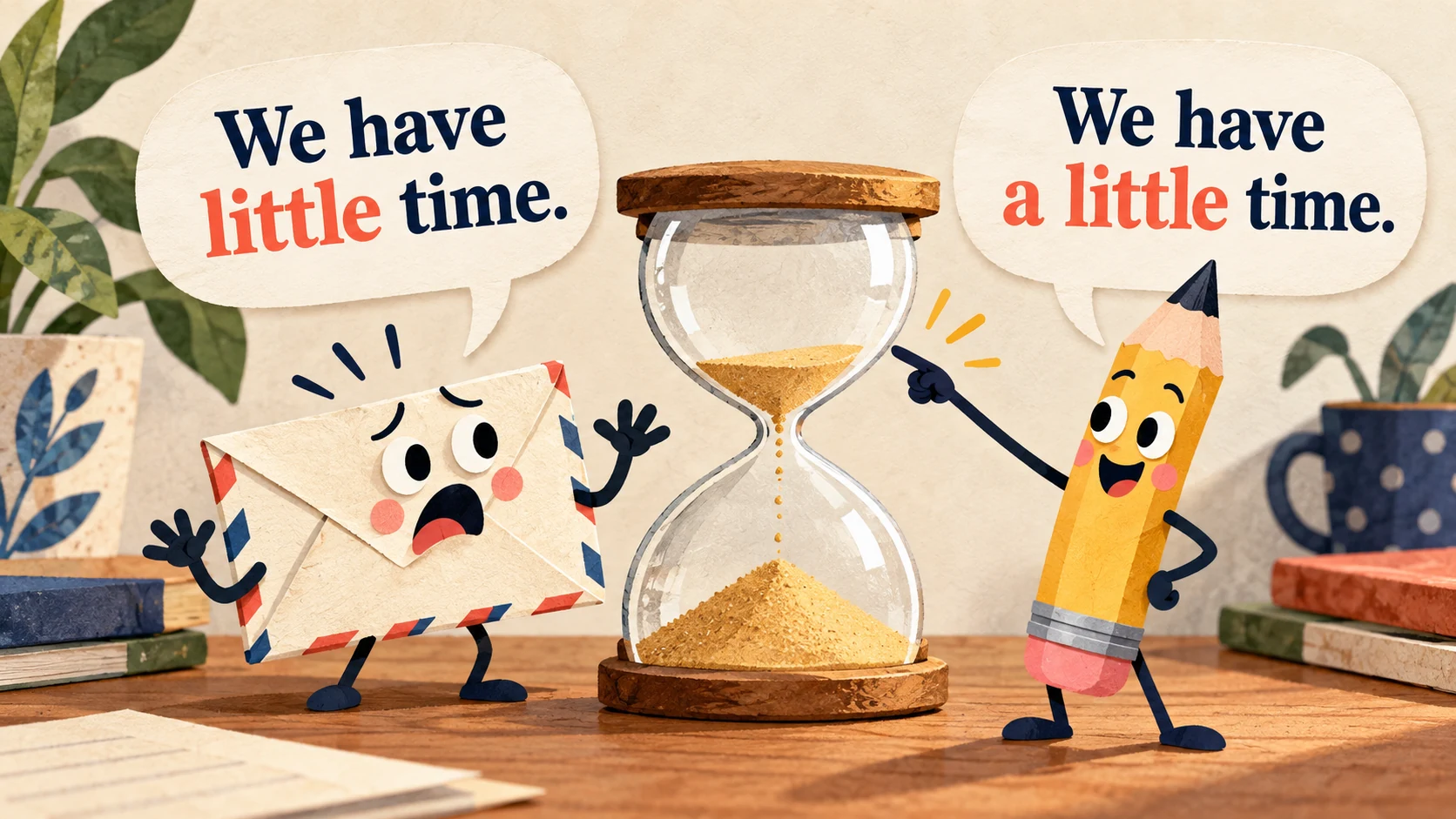An anxious envelope and an optimistic pencil look at one hourglass, saying “We have little time.” and “We have a little time.”