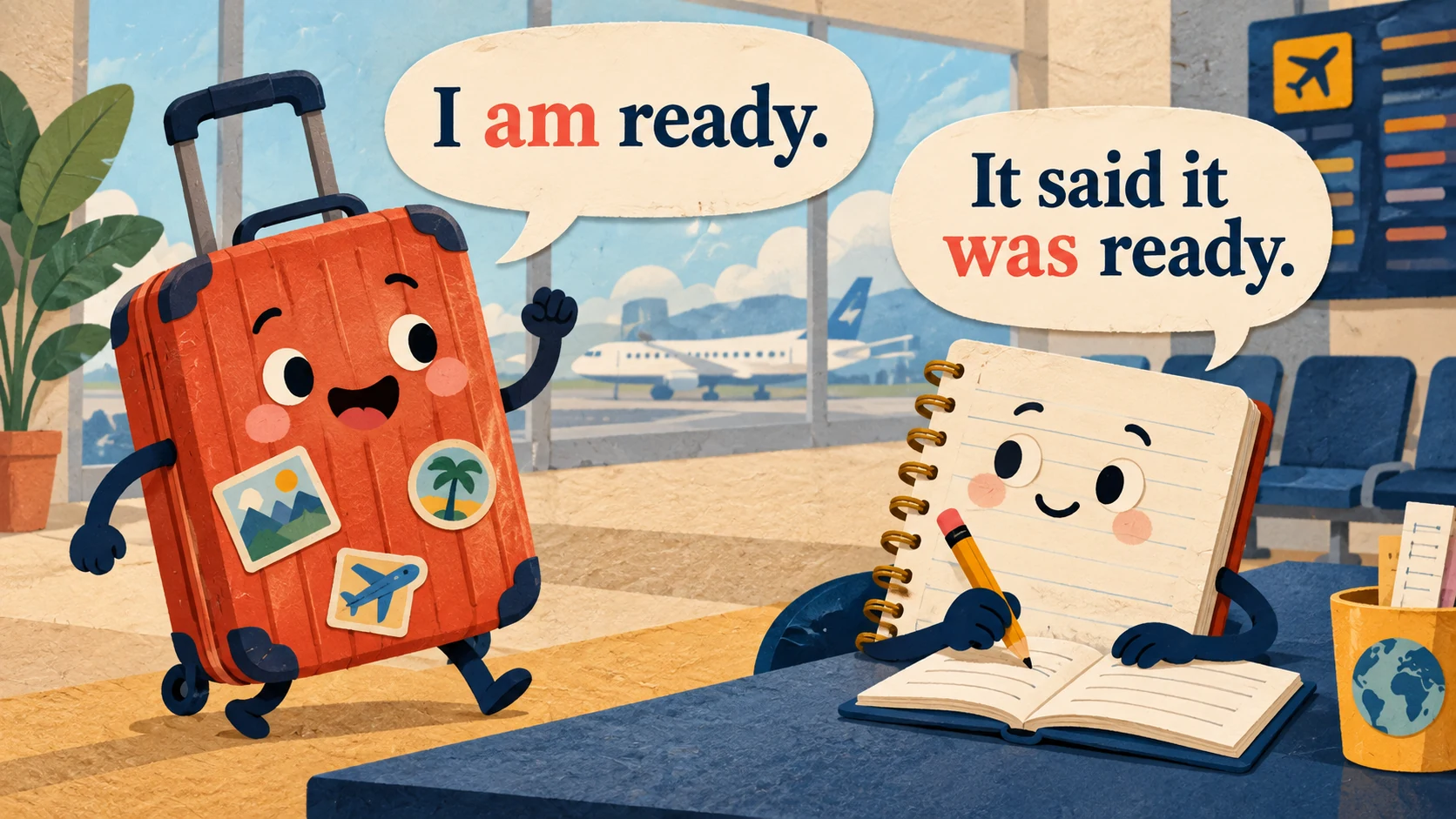 A suitcase says “I am ready.” while a notebook reports “It said it was ready.”