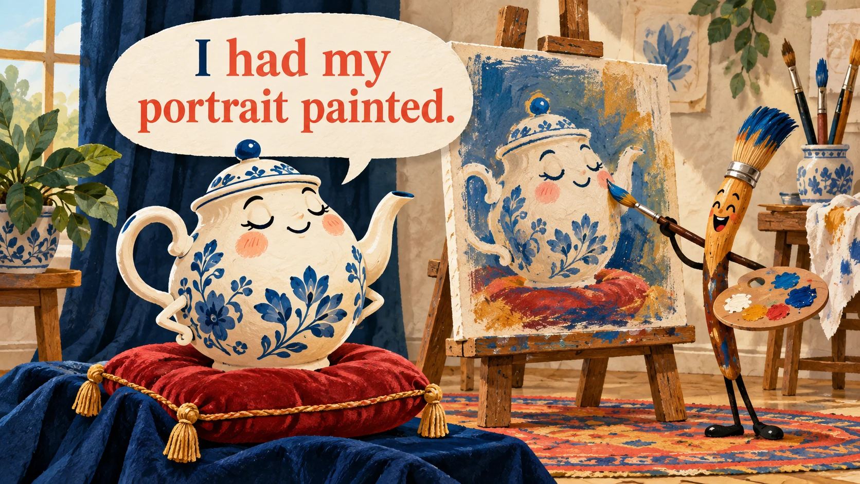 A teapot poses while an animated brush paints its portrait on an easel, saying “I had my portrait painted.”