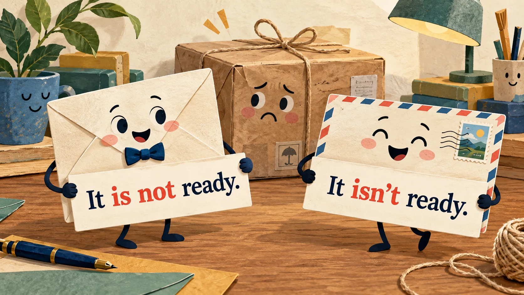 A bow-tied envelope and an airmail card display “It is not ready.” and “It isn’t ready.” about the same parcel.