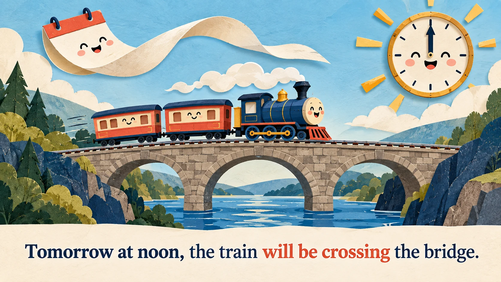 A cheerful train crosses the middle of a bridge beside a noon clock beneath “Tomorrow at noon, the train will be crossing the bridge.”