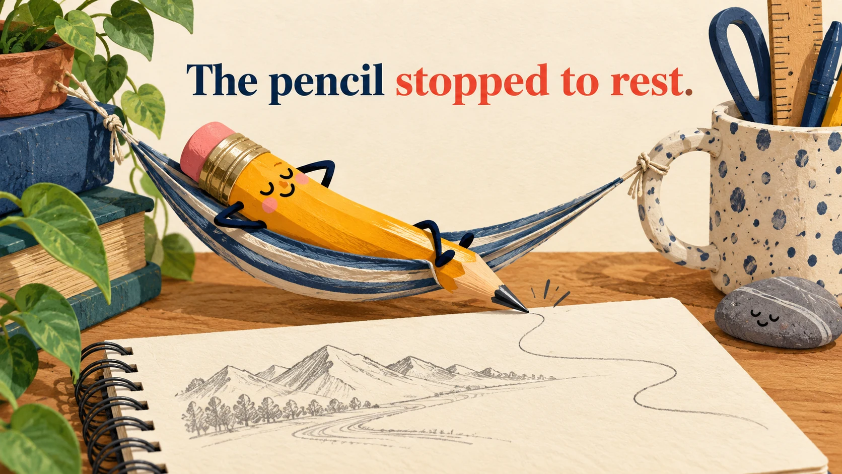 A pencil pauses an unfinished drawing to rest in a hammock beneath “The pencil stopped to rest.”