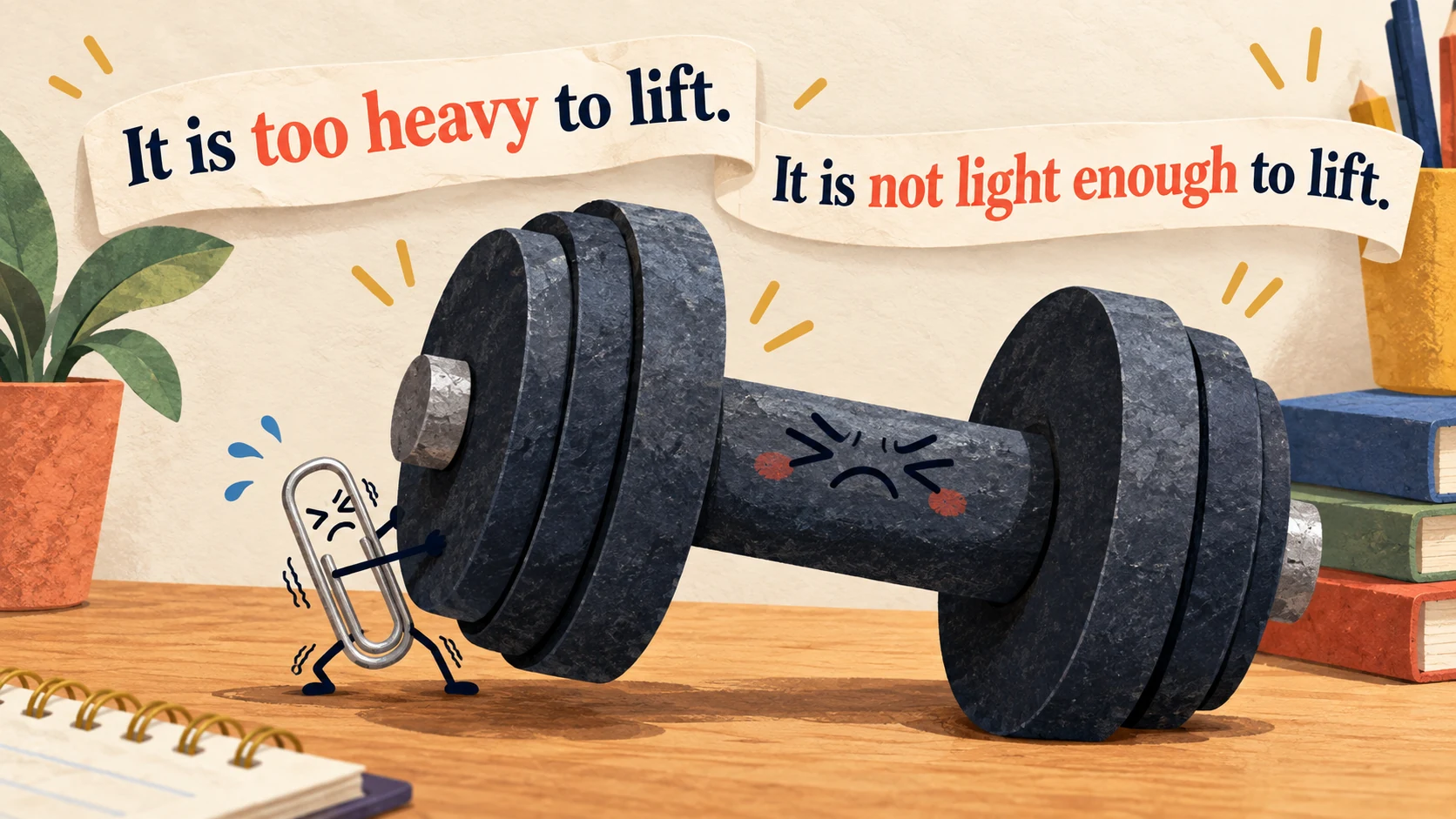 A paperclip struggles to lift a huge dumbbell beneath the equivalent sentences “It is too heavy to lift.” and “It is not light enough to lift.”