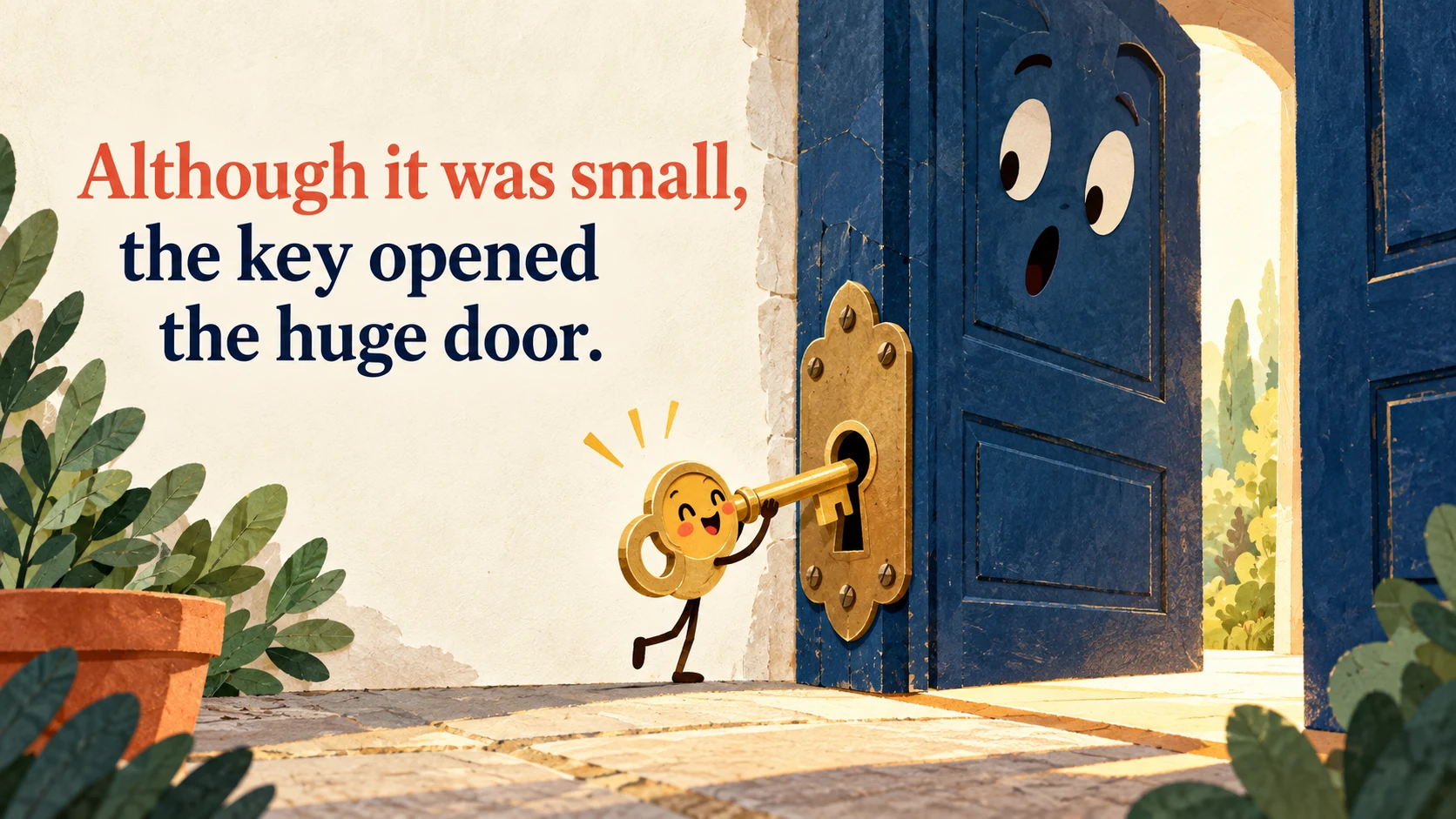 A tiny golden key opens a huge navy door beneath “Although it was small, the key opened the huge door.”