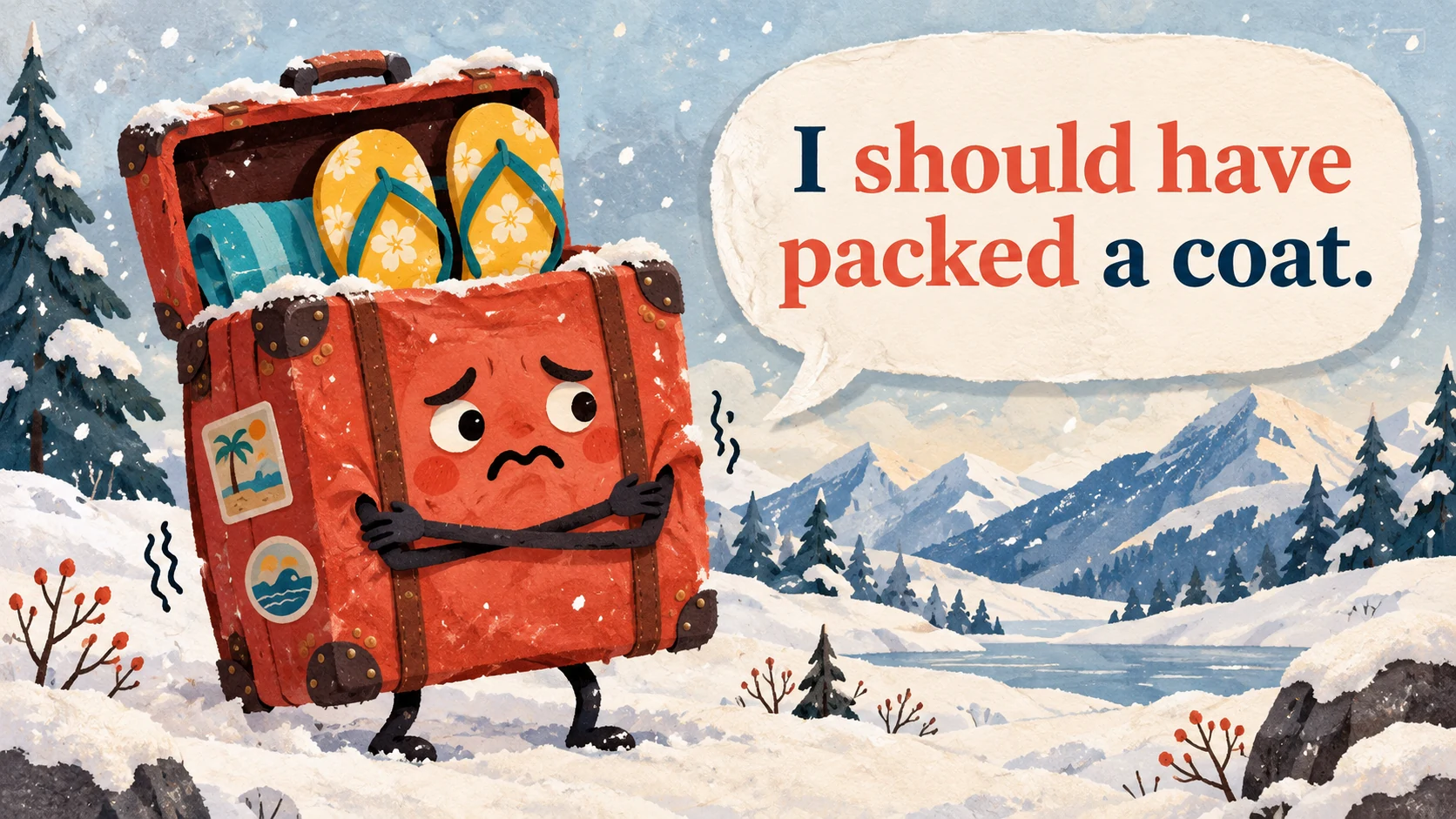A suitcase shivers in the snow with summer flip-flops in its open lid, saying “I should have packed a coat.”