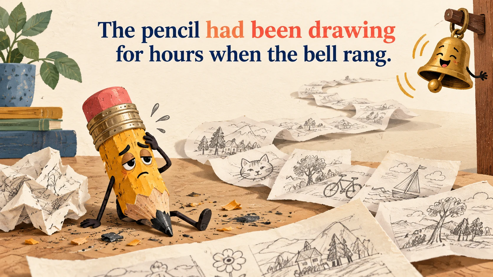 A worn-down animated pencil sits exhausted beside a long trail of sketches as a bell rings beneath “The pencil had been drawing for hours when the bell rang.”