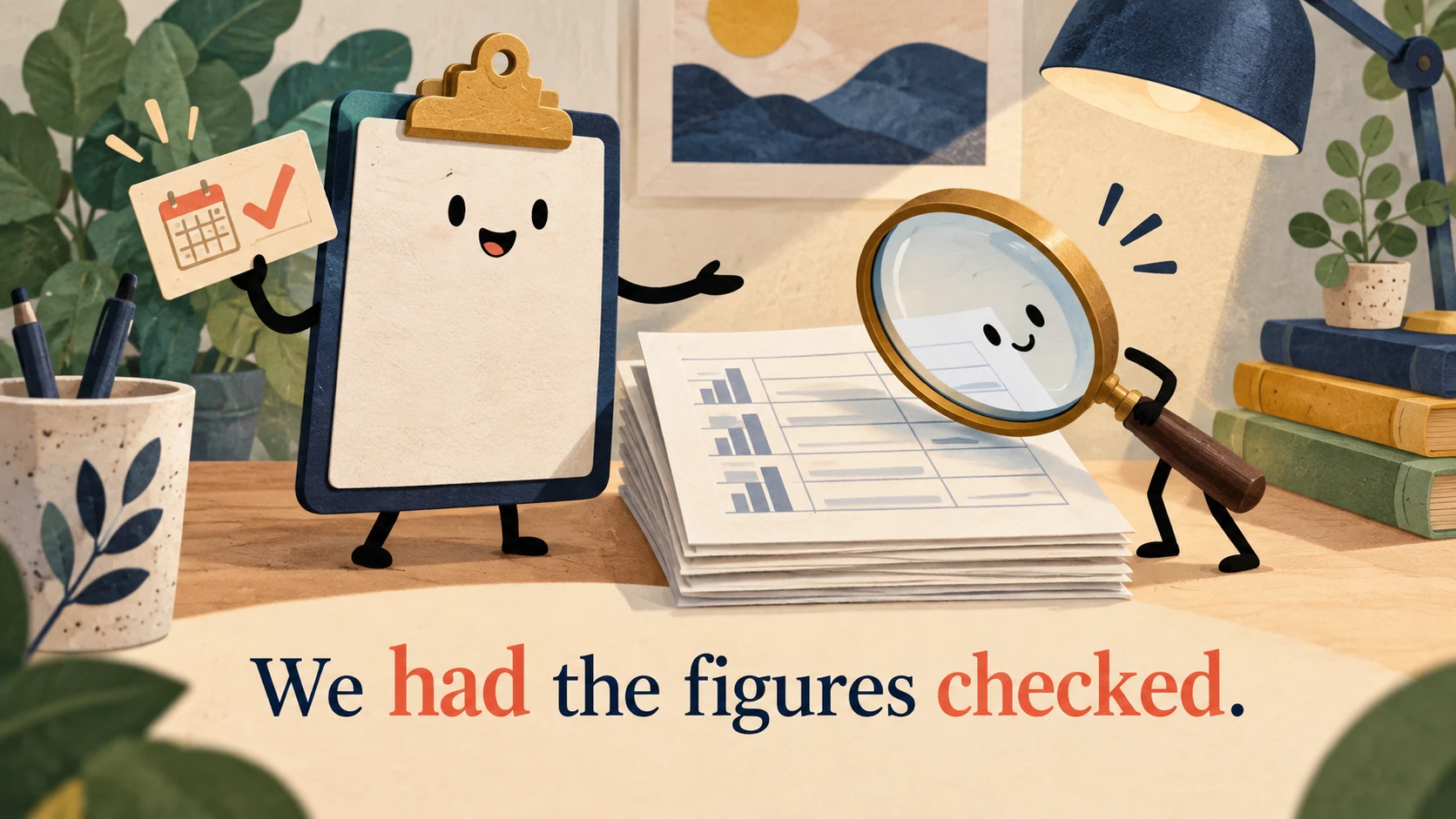 A clipboard arranges for a magnifying glass to inspect figures beneath “We had the figures checked.”