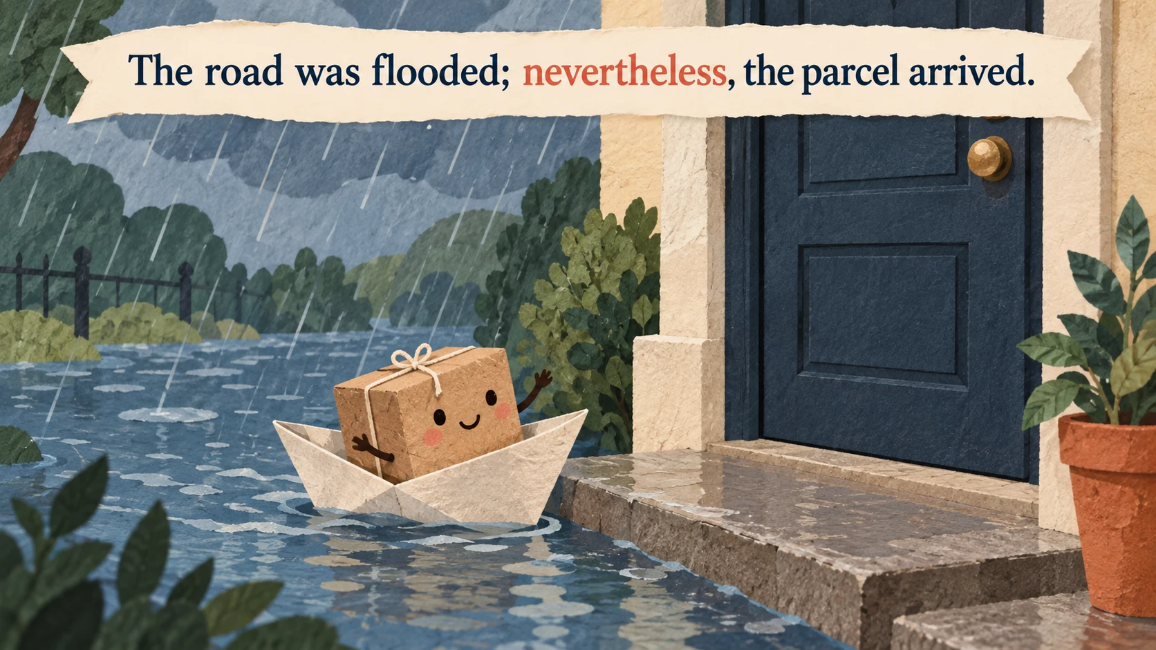 A parcel reaches a doorstep by paper boat despite a flood beneath “The road was flooded; nevertheless, the parcel arrived.”