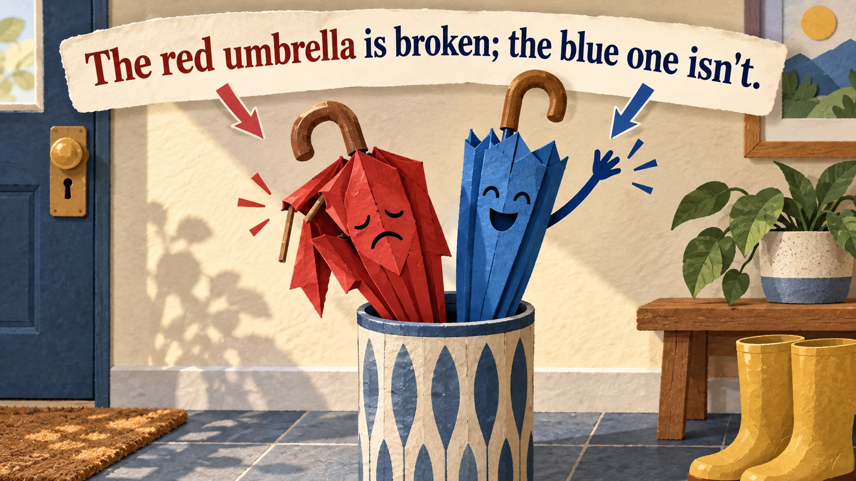 A broken red umbrella stands beside an intact blue one beneath “The red umbrella is broken; the blue one isn’t.”