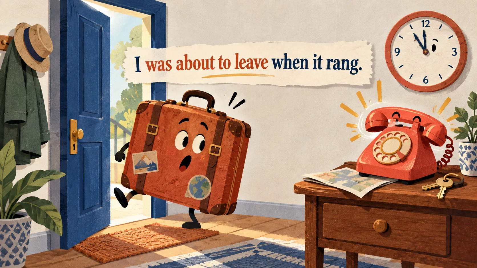 A suitcase pauses at a doorway as a telephone rings beneath “I was about to leave when it rang.”