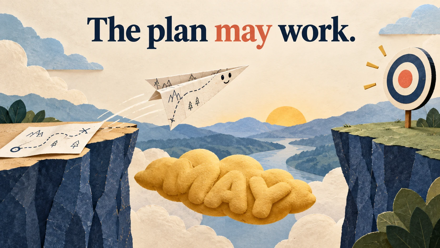 A paper airplane approaches a distant target above a soft MAY cushion beneath “The plan may work.”