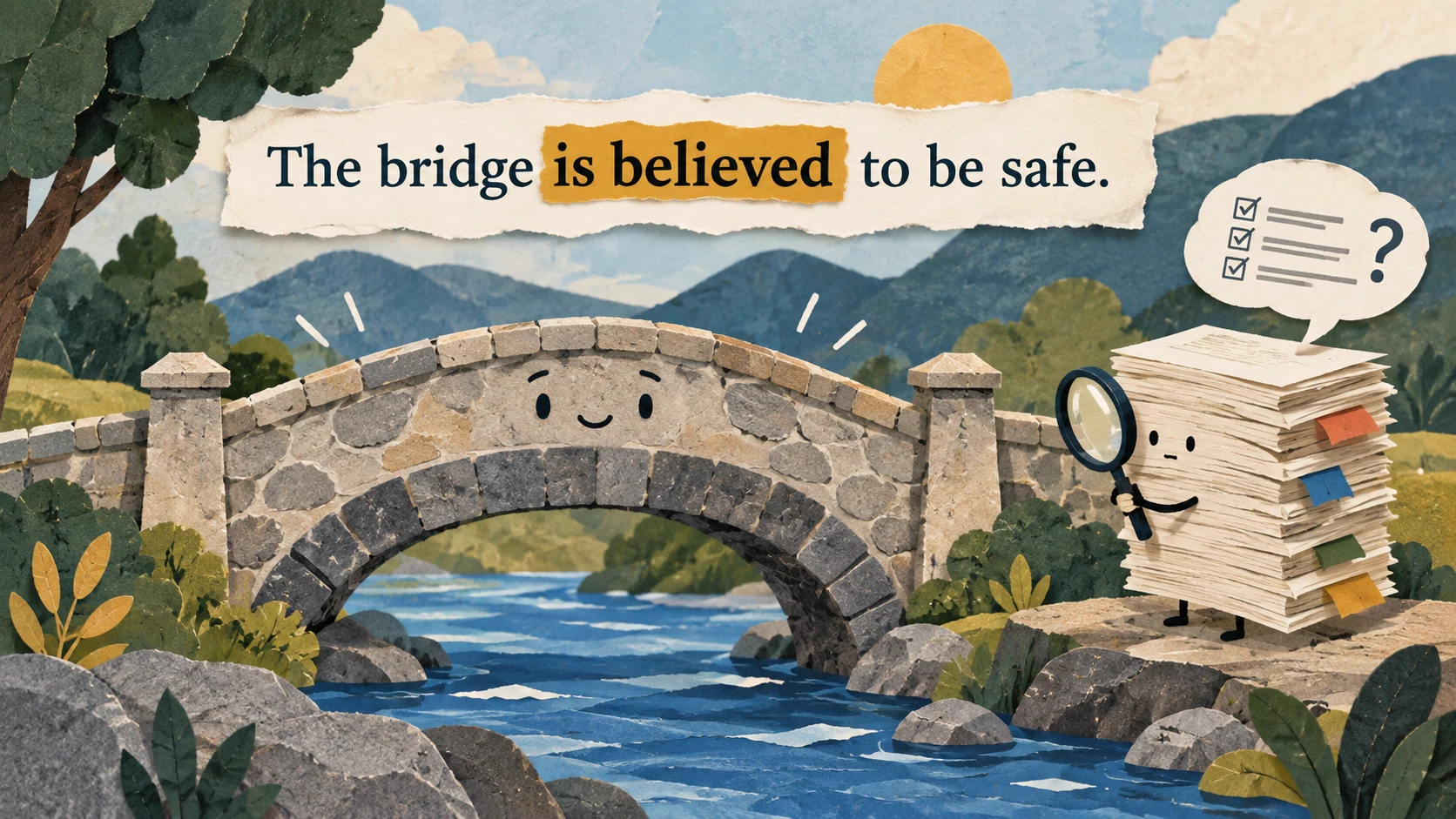 A stack of anonymous reports assesses a bridge beneath “The bridge is believed to be safe.”