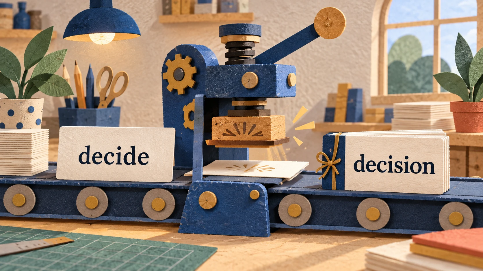 A paper press transforms a card marked decide into a bound card marked decision.