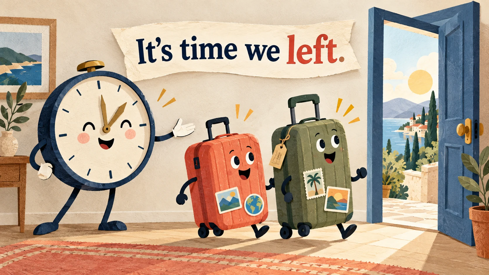 An animated clock urges two suitcases out of a door beneath “It’s time we left.”