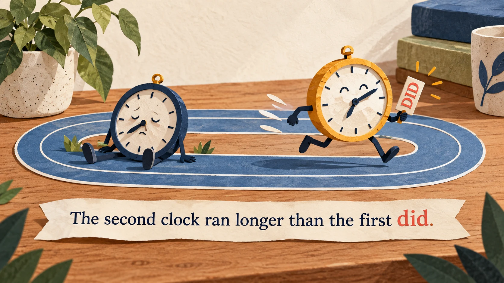 The second animated clock keeps running after the first stops beneath ‘The second clock ran longer than the first did.’