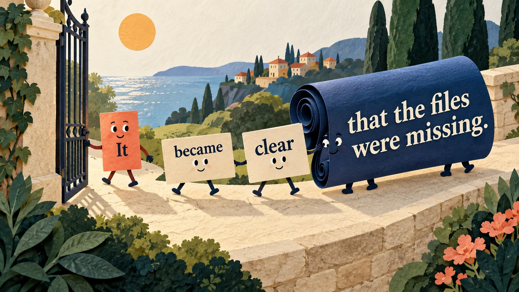 A small IT card leads word cards reading ‘It became clear that the files were missing.’; the long that-clause is carried at the end.