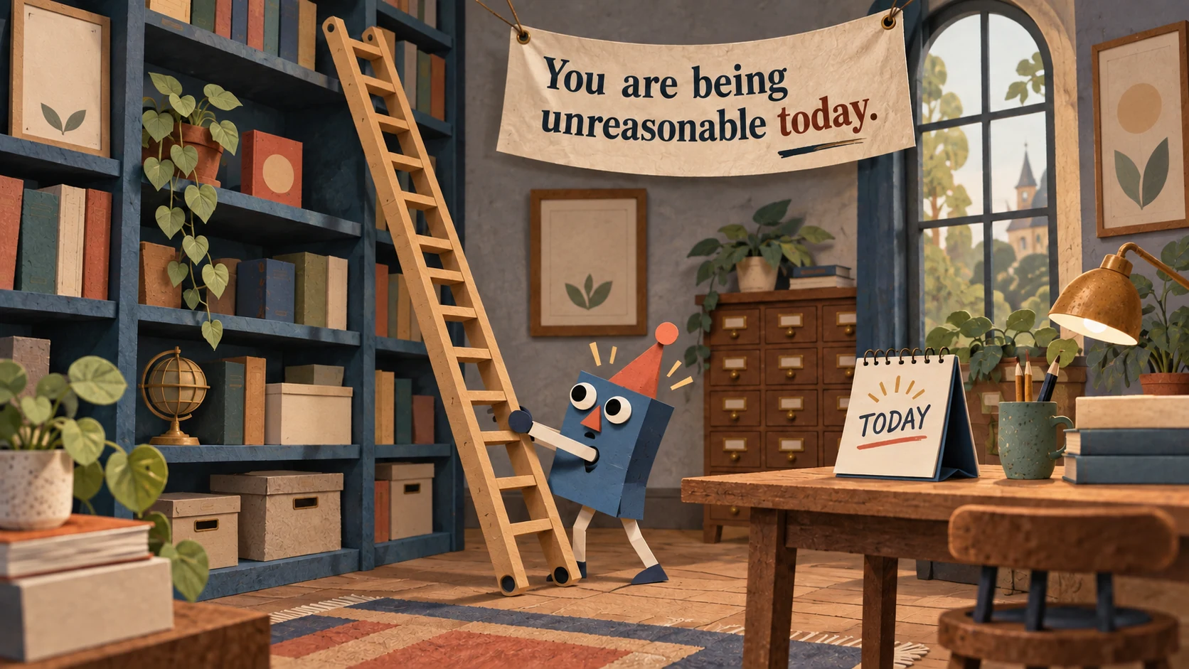 A paper puppet clings to a ladder in an archive beneath ‘You are being unreasonable today.’
