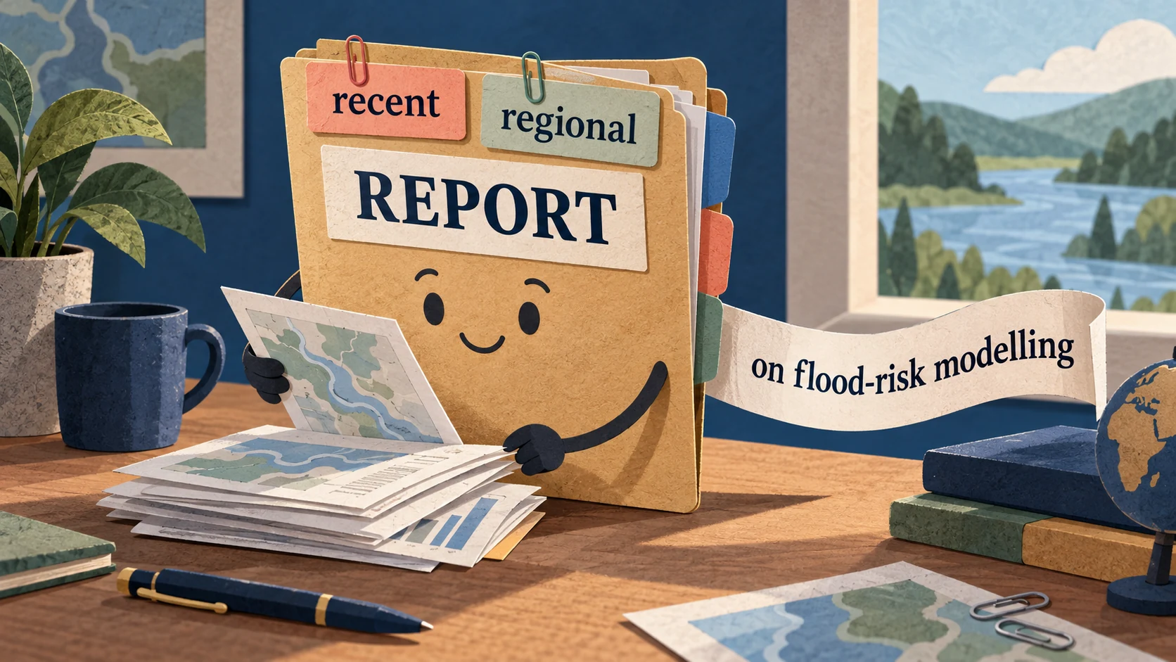 A report folder carries recent and regional tags before REPORT and a longer on flood-risk modelling ribbon after it.