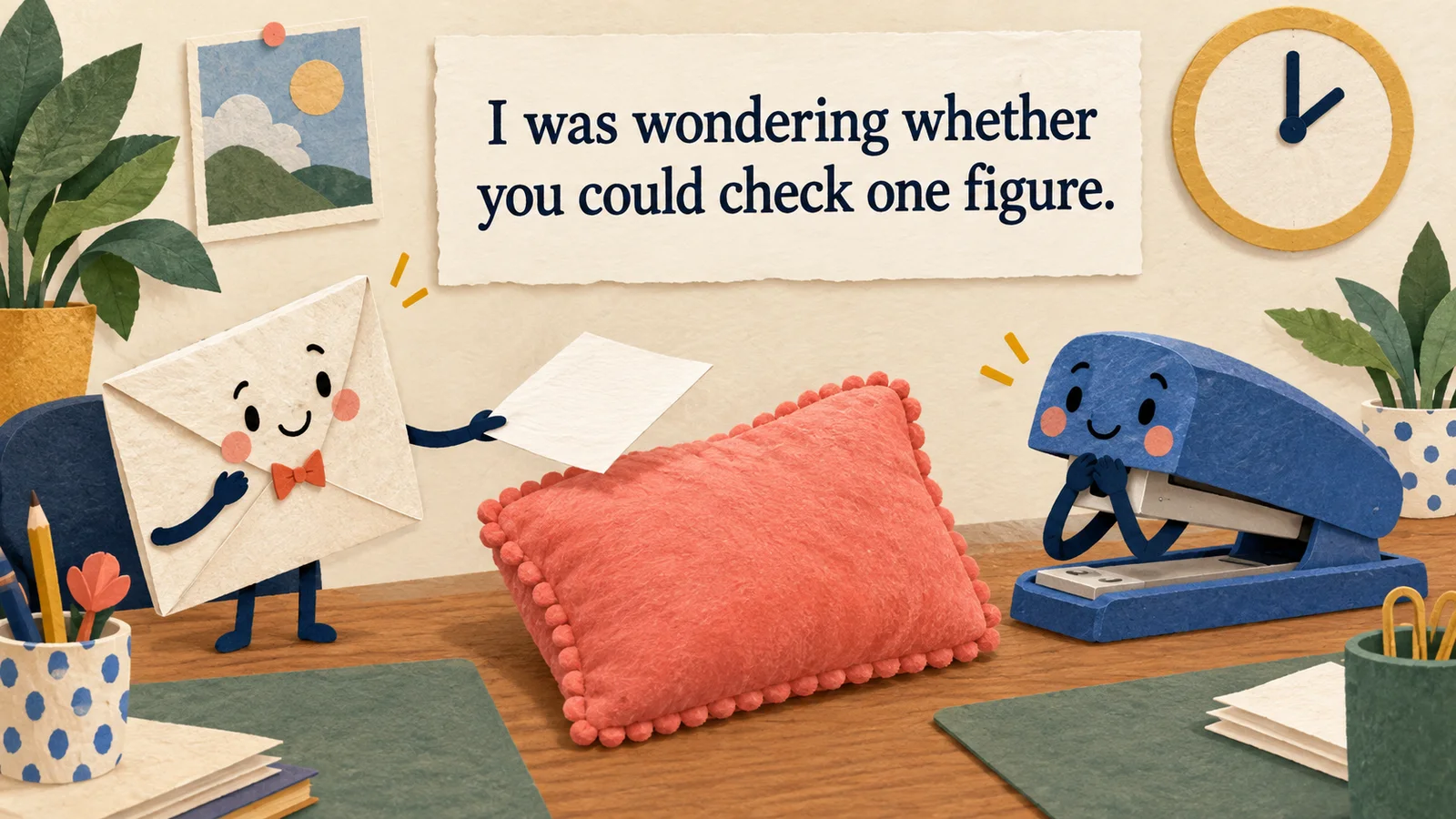 A paper envelope puppet offers a sheet to a stapler toy across a cushion, illustrating a tentative request: “I was wondering whether you could check one figure.”